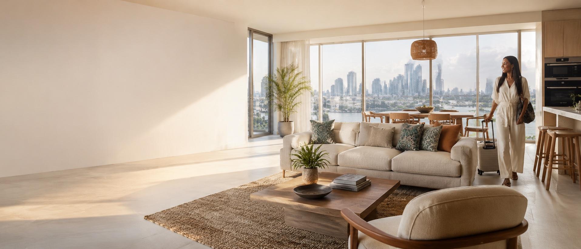 Luxury shortlet living room with city skyline