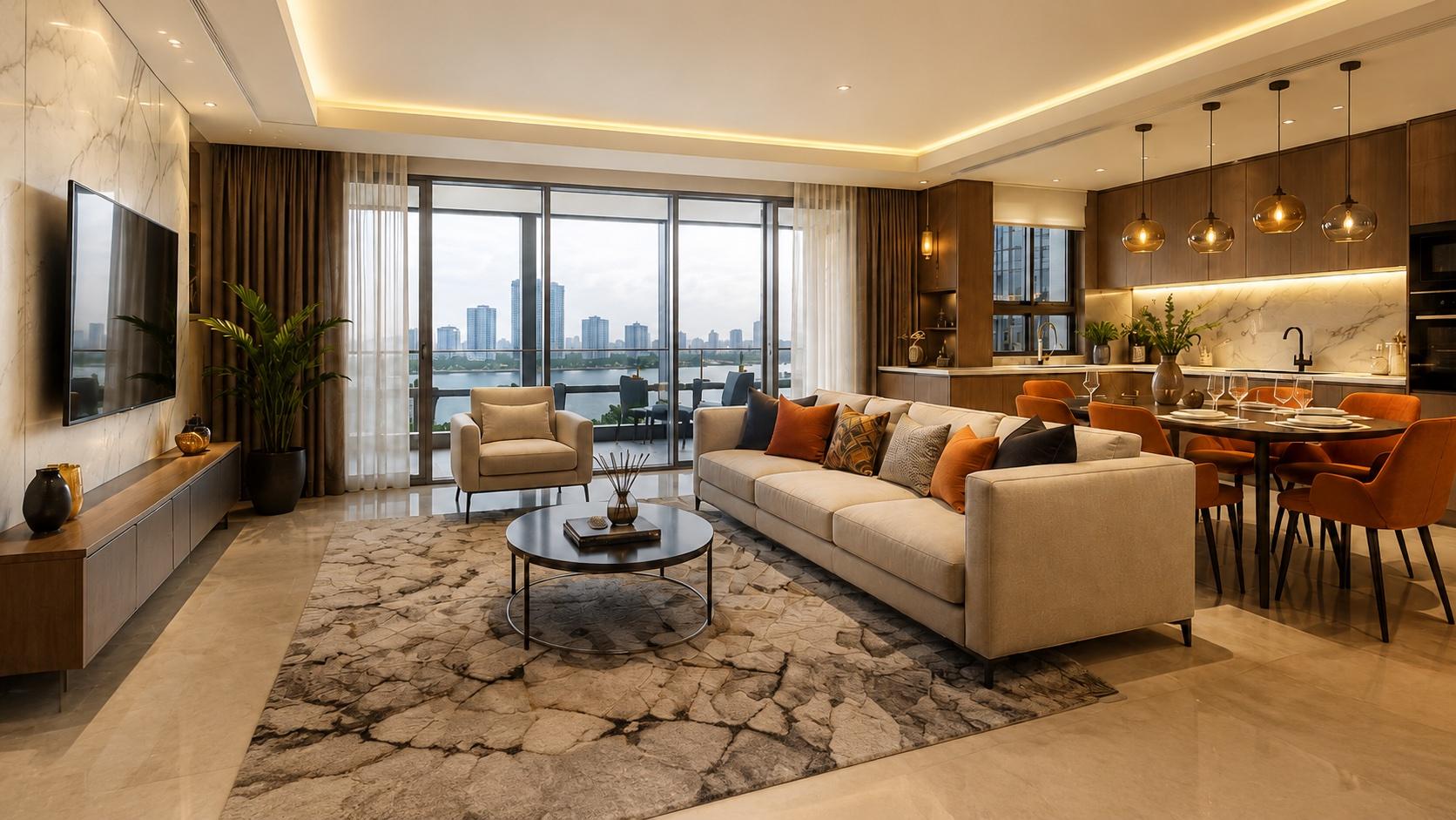 Luxury shortlet living room overlooking a city skyline